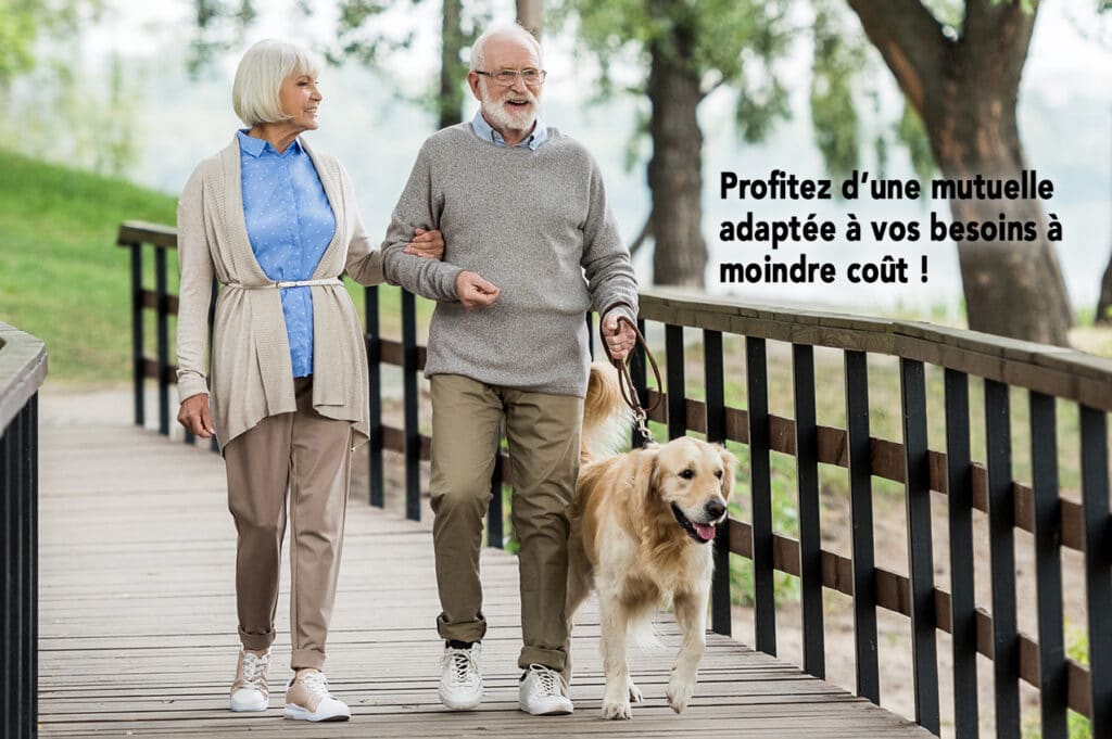 Couple de Senior avec un chien en promenade